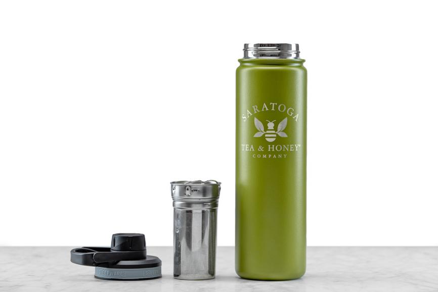 Saratoga Tea and Honey Co. Engraved Green Tumbler With Removed Tea Strainer and Lid