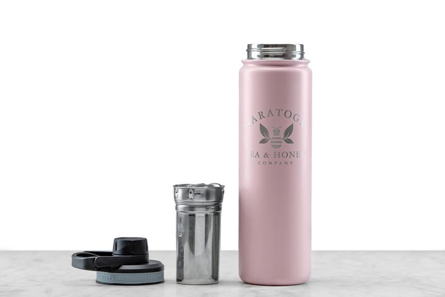 Saratoga Tea and Honey Co. Engraved  Pearl Rose PinkTumbler With Removed Tea Strainer and Lid