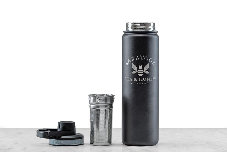 Saratoga Tea and Honey Co. Engraved Matte Black Tumbler With Removed Tea Strainer and Lid