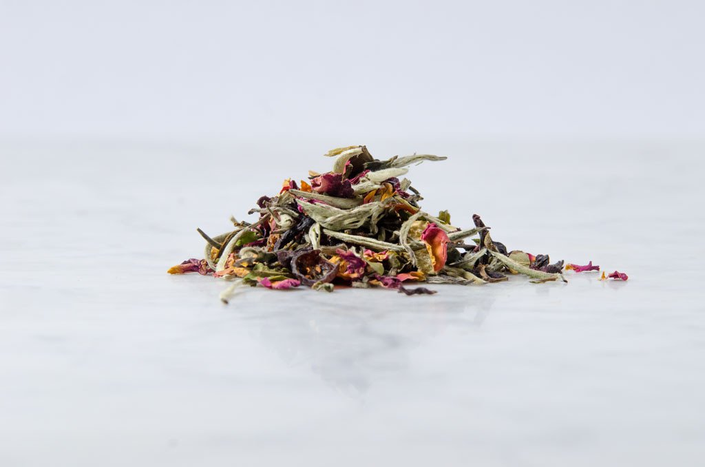 fruity and floral loose leaf tea on a marble background