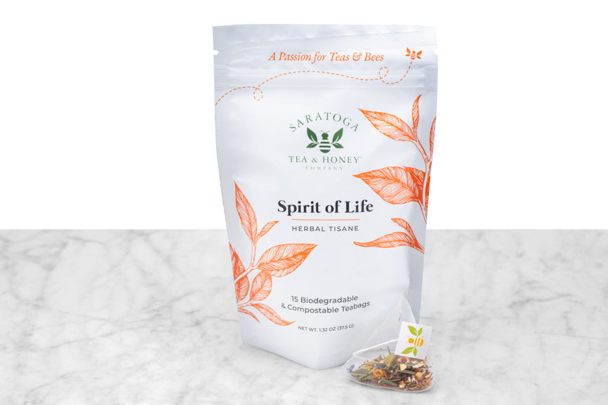 bag of spirit of life caffeine free citrus and cinnamon tea bags with loose tea sachet