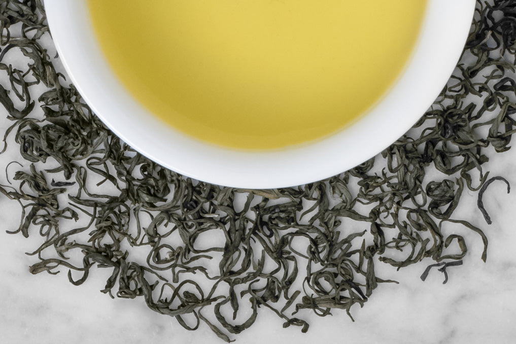 Tan Huong Brewed Green Tea In a White Cup Surrounded by Loose Green Tea