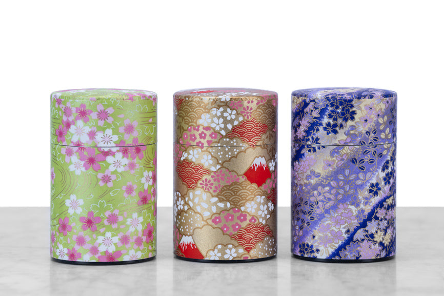 three Japanese washi paper tea tins