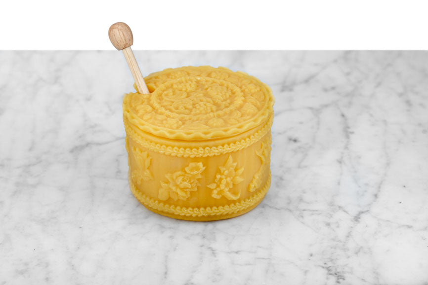 Beeswax Floral Motif Honey Pot with Wooden Dipper and Intricate Lid