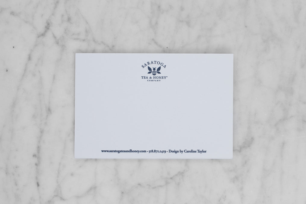 back of "but first, tea" letterpress card with Saratoga Tea & Honey Logo