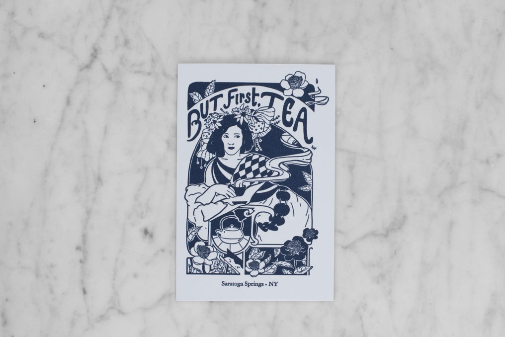 hand printed letterpress card with art deco "but first, tea" motif