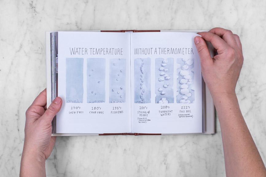 hand holding "A Little Tea Book" open to a page with a drawing about water temperature showing how the bubbles in water change as temperature increases.