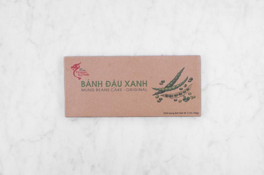 kraft packaging for mung bean cake with red dragon logo reading: mung beans cake - original